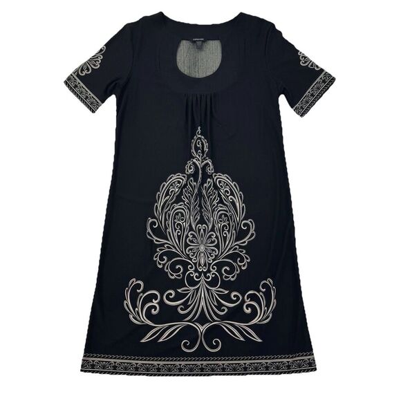 Forever Women’s Black Dress S Baroque Scroll Print Stretch Short Sleeve Scoop - Picture 1 of 6